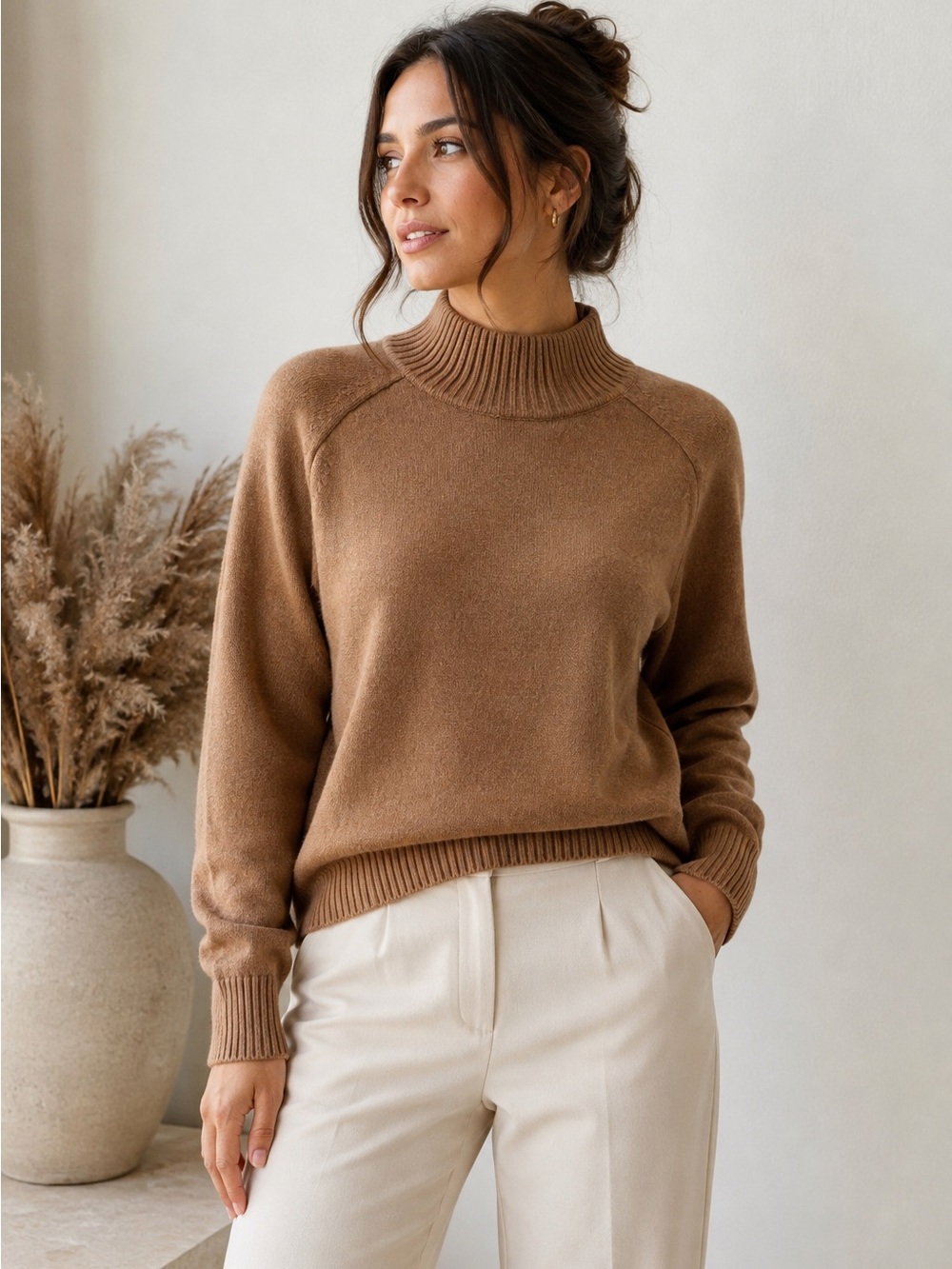 Babaton Aritzia Camel Mock Neck Sweater S | Soft Knit Relaxed Raglan Pullover
